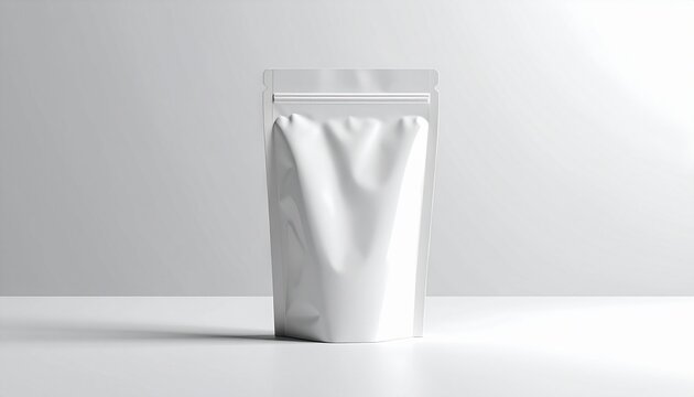 A mockup of a white stand-up pouch packaging on a clean surface