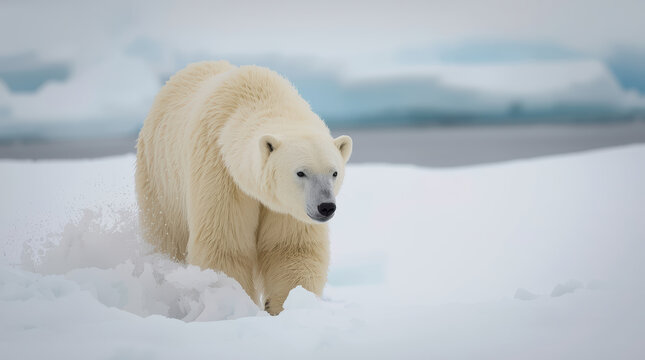 Polar bear walking on snow in arctic landscape