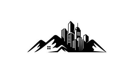 Naklejka premium City skyline with mountain range silhouette.