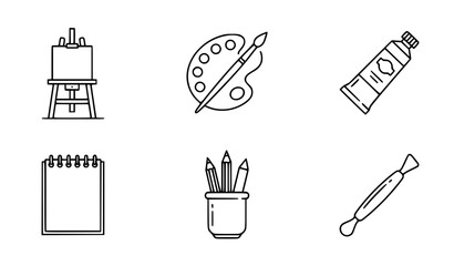 Clean black and white outline vector art supplies illustration set simple minimalist drawing of easel palette paint tube and pencils © GULSHAN