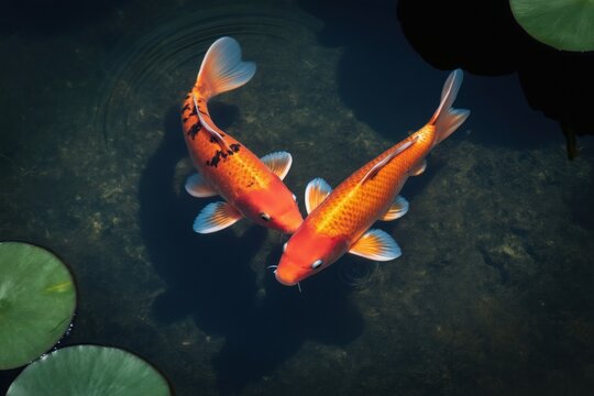 Two orange koi fish swim near lily pads in a dark pond. These beautiful aquatic animals glide gracefully in clear water. They represent luck and prosperity in Japanese culture.