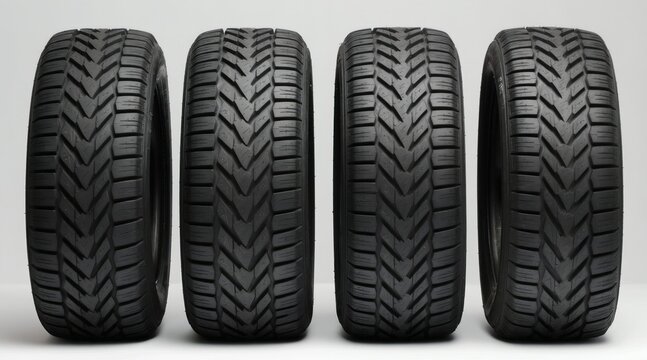 Four new car tires stand in a row. Rugged tread patterns display premium rubber for road grip. These new tires offer superior traction and durability for safe driving. A quality automotive product.
