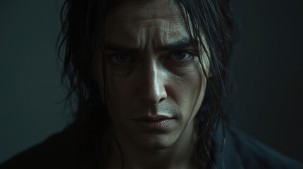 Fototapeta premium Moody cinematic portrait of wet young man with intense gaze and furrowed brow