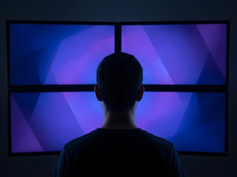 back view of a man sitting in front of four computer monitors with purple abstract wallpaper in dark