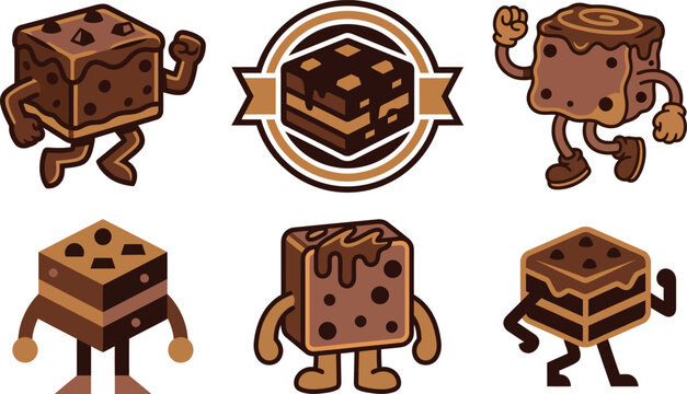 Cartoon chocolate brownie characters with different poses and expressions