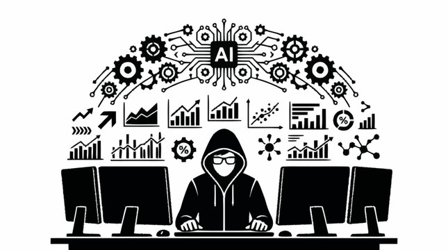 Black and white illustration of a hooded hacker with ai symbols and graphs