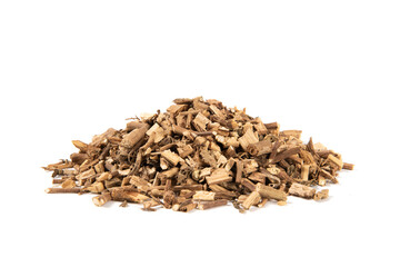 Dandelion root pieces heap on white background © zhikun sun