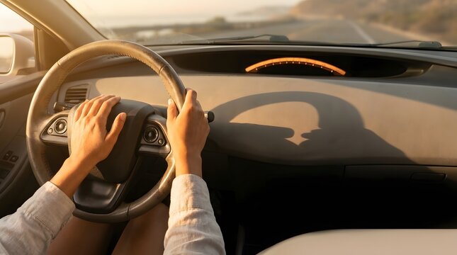 Driver Hand Pressing Car Horn While Driving on Coastal Highway at Sunset During Golden Hour Road Trip
