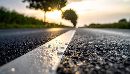 Wet asphalt road with white and water droplets at sunset, close-up © Mamad