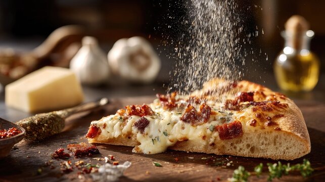 Delicious fresh pizza slice with melted cheese and crispy toppings on wooden board with garlic, herbs, cheese, and olive oil in background