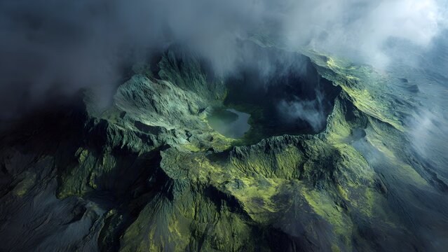 Dark smoke rises from the tree as heavy storm clouds gather over the misty river landscape with dark mountain silhouettes under a black sky