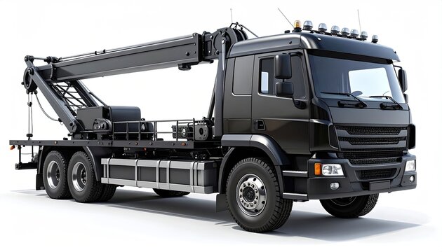 A black heavy-duty truck with an extended crane arm, ready for industrial use