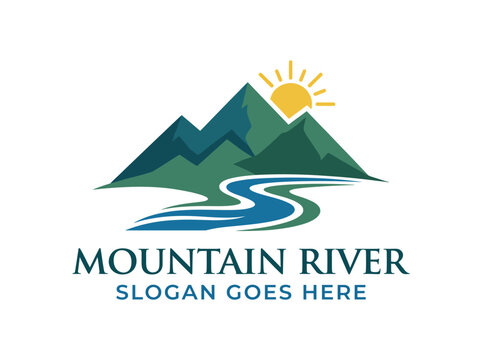 A picturesque logo design highlighting mountains, river, and sun. It evokes feelings of adventure and nature, perfect for outdoor activities and travel-related services.