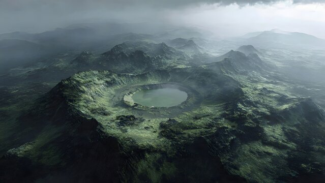 An aerial view of misty clouds drifting over high mountain peaks and green forest trees creates a majestic summer nature landscape