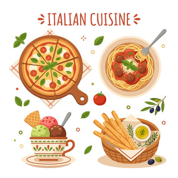 A delightful collection of Italian cuisine classics, including pizza, spaghetti with meatballs, grissini, and gelato, perfect for showcasing culinary traditions