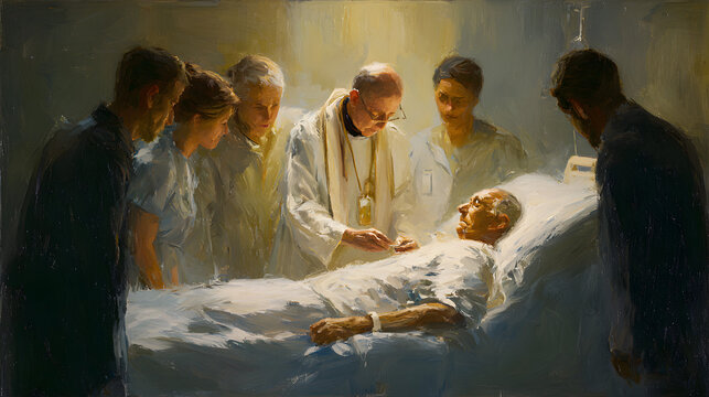 Catholic priest anointing elderly hospital patient with holy oil, family gathered around medical bed, gentle pastoral care and end of life sacrament, ideal for spiritual comfort, h