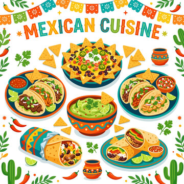 Vibrant illustration of traditional Mexican cuisine, featuring a colorful spread of popular dishes like tacos, nachos, burritos, and guacamole, perfect for food blogs and culinary themes