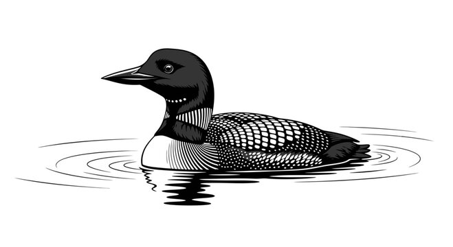 Common Loon Bird Swimming on Water, Black and White Etching Style