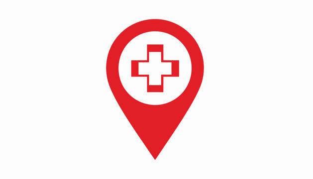 Red location marker with a white cross symbol for healthcare or medical services, indicating a hospital or clinic's position on a map