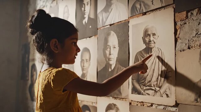 Young girl pointing at wall photos ideal for sleek commercial backgrounds and title sequences