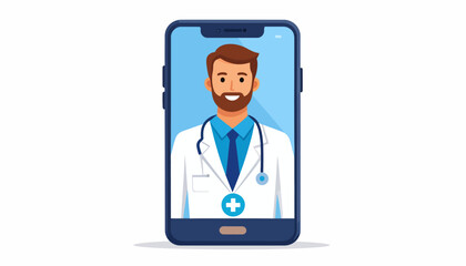 Fototapeta premium Professional Male Doctor Offering Remote Medical Consultation and Online Healthcare Services Through a Smartphone Application, Symbolizing Digital Health and Virtual Appointments