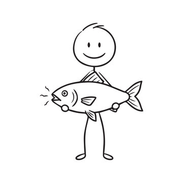 Stick Figure Man Holding Big Fish Catch Fisherman Success Vector Drawing Illustration
