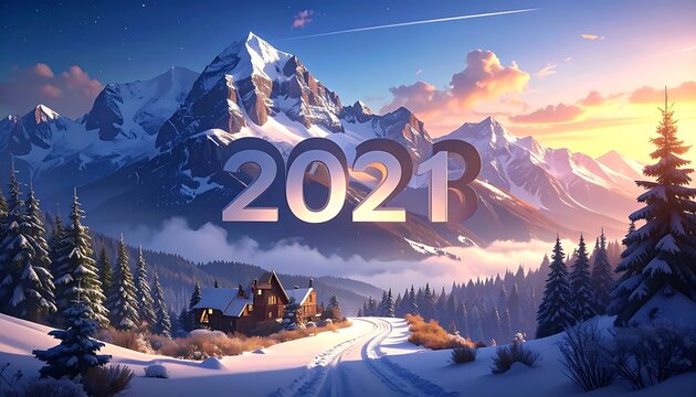 A snowy mountain landscape with a house and road