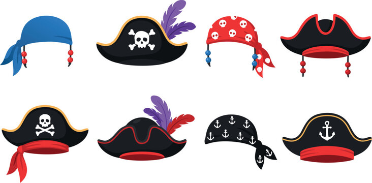 Collection Of Various Pirate Hats And Bandanas With Skull And Crossbones Icons And Feather Details Vector Illustration