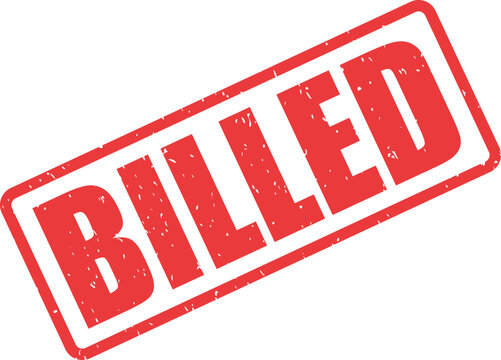 A textured red rubber stamp with the prominent word BILLED appears on a plain white backdrop