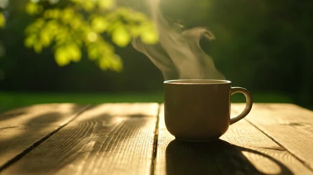 Steaming Cup of Coffee on a Wooden Table Outdoors at Sunrise.