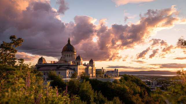 During the Golden Hour, the Indian Parliament House is seen from a wide angle with dramatic skies and clouds.