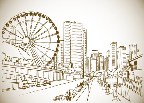 Great view of Chicago. USA. Urban sketch. Hand drawn cityscape. Line art. Retro Sepia illustration. Vector background. Vintage Postcard style.