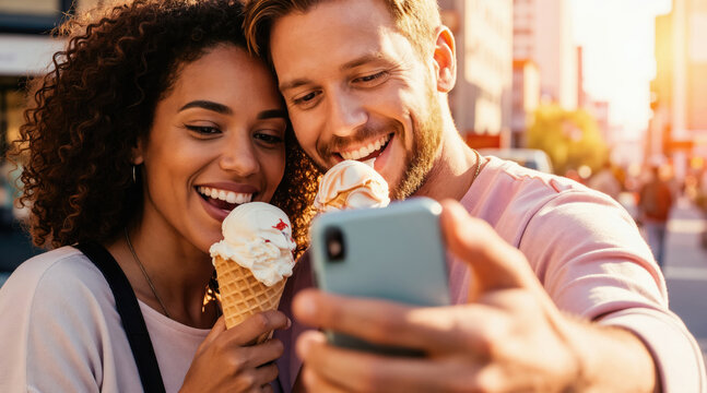 Smiling interracial couple eats ice cream cones while taking selfie with phone. They enjoy dessert on a sunny city street, happy together sharing sweet treat and capturing moment.
