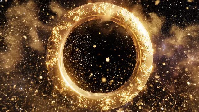 Golden ring in space with dust symbolizing conceptual art and dynamic energy