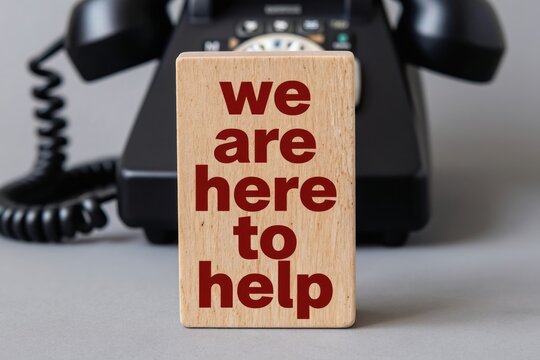 Wooden block with text we are here to help rests on desk near old phone. Message signifies customer service support assistance. Business concept for client care hotline.