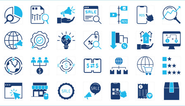 A set of icons related to Digital Marketing. Digital, sale, ads, shopping, credit cards, announce, multimedia, offers, and so on.