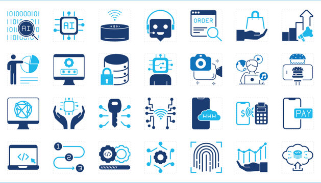 A set of icons related to Digitalization. Digital, technology, network, binary, circuit, and so on.