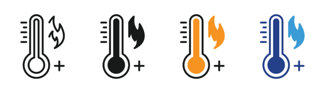 High temperature thermometer icon with heat flame and thermal warning symbol, hot condition vector illustration