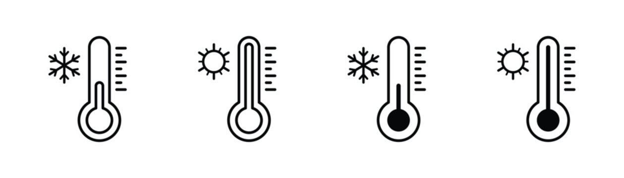 Thermometer icon set with sun and snowflake symbols, hot and cold temperature vector illustration