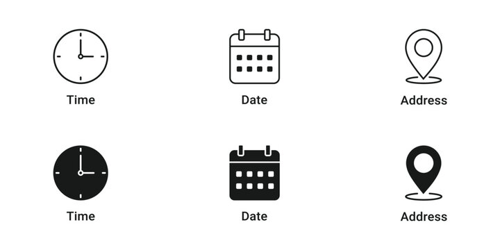 Time date and address icon set with clock calendar and location symbols, scheduling navigation outline and solid vector illustration
