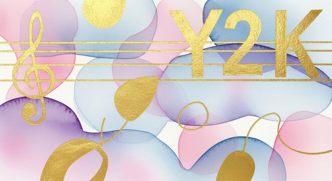 Y2K text with gold musical note on watercolor background. Retro fashion and nostalgic aesthetic vibes of year 2000 music era. Artistic graphic design for party invitation card.