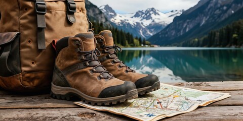Naklejka premium Hiking boots and backpack sit on wooden table with map. Snowy mountains reflect in calm blue lake. Nature landscape background for outdoor adventure gear.