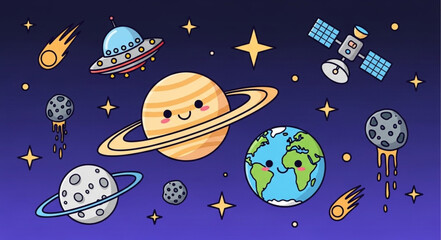 Cute cartoon planets and spacecraft in outer space. © su