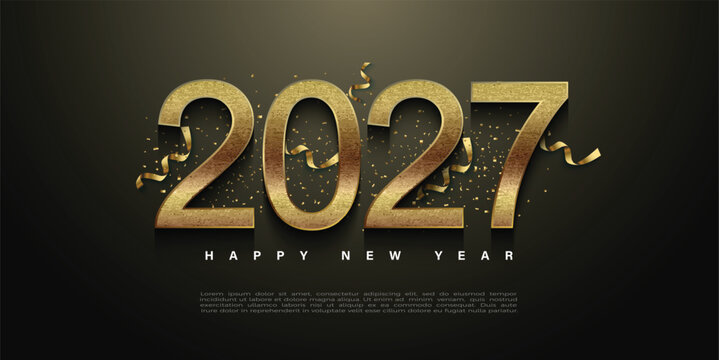 New Year 2027 design with illustration of ribbon decoration and gold sprinkles. premium vector design for posters, banners and new year 2027 celebrations.