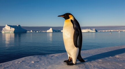 Fototapeta na wymiar Emperor penguin stands on ice floe. Calm ocean water reflects blue sky with distant icebergs. Wild bird in Antarctic natural habitat during daylight.