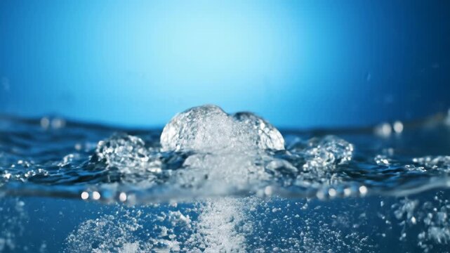Macro close-up of a high-speed water splash forming a distinct crown shape above the surface with underwater air bubbles and turbulence against a gradient blue background.
