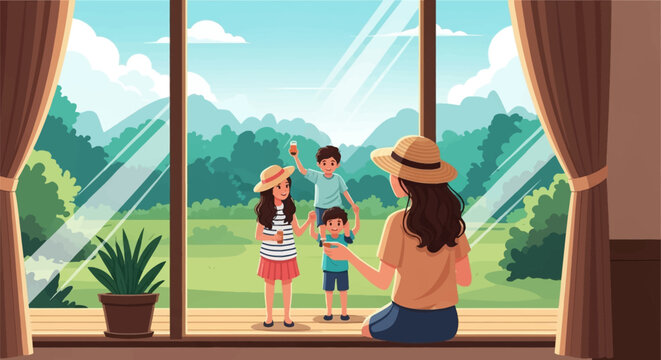 Flat vector illustration of a mother wearing a straw hat watching her daughter and two sons play in a sunny backyard garden viewed through a large glass sliding window door.