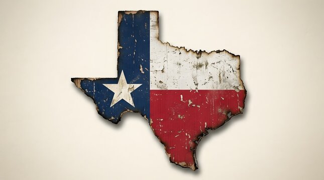 Distressed vintage Texas state map silhouette featuring the iconic Lone Star flag with a rustic, weathered texture and burnt edges on a neutral background.