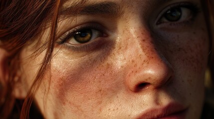 Fototapeta premium Close-Up Portrait of a Young Woman with Freckles, Engaging Expression, Natural Lighting and Warm Skin Tone Captured in a Serene Outdoor Environment