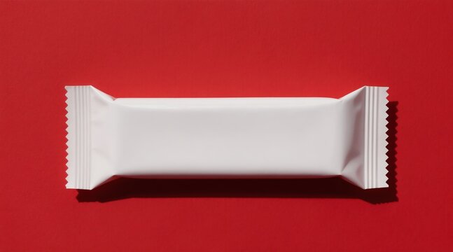 White blank snack bar wrapper on red background for brand product design. Ready for custom graphics, advertising, or packaging concept mockups. Snack food pack template.